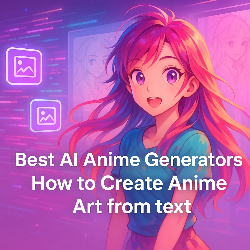 A vibrant digital anime scene with flowing hair, floating icons, glowing code streams, layered sketches, and bold text: "Best AI Anime Generators: How to Create Anime Art from text"