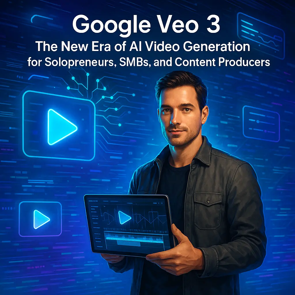 Futuristic infographic with glowing video icons, AI patterns, and a man holding a holographic tablet, emphasizing AI video creation. \nCentered bold text: **"Google Veo 3: The New Era of AI Video Generation for Solopreneurs, SMBs, and Content Producers"