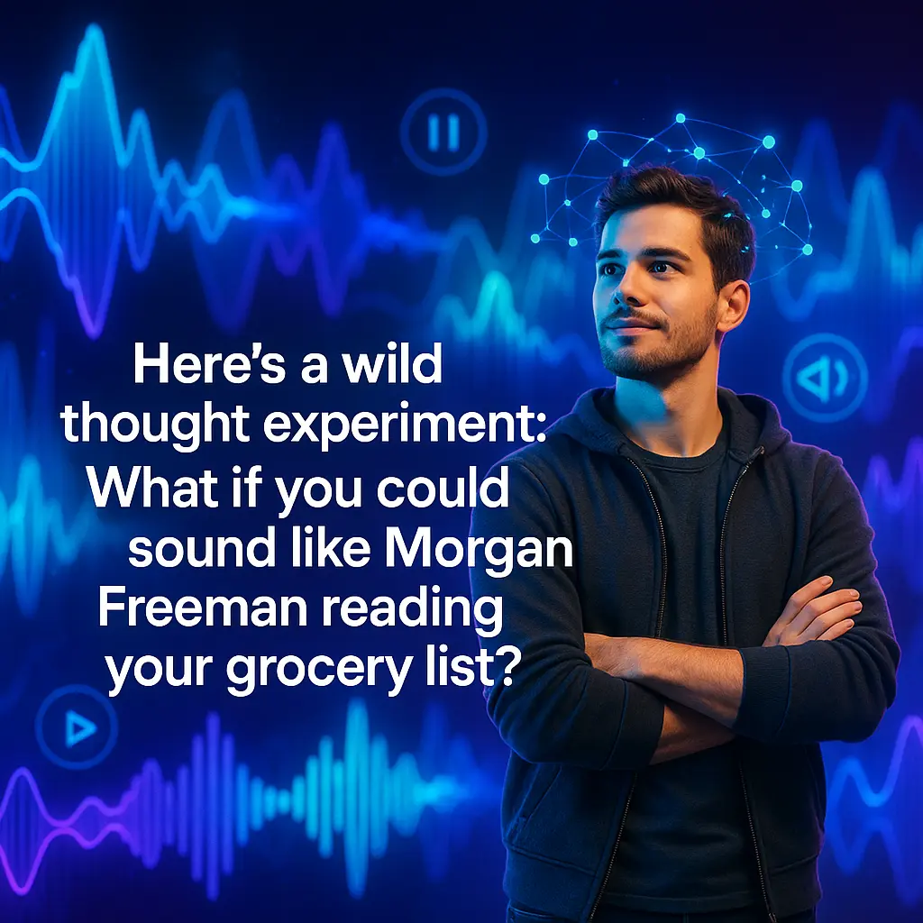 Futuristic soundwave scene with a confident man, neural nodes orbiting, and inspiring text overlay.