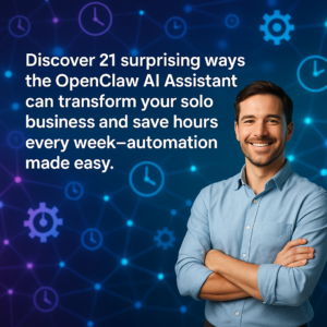 alt_text: Vibrant digital scene with glowing nodes and a smiling man, featuring bold text on automation.