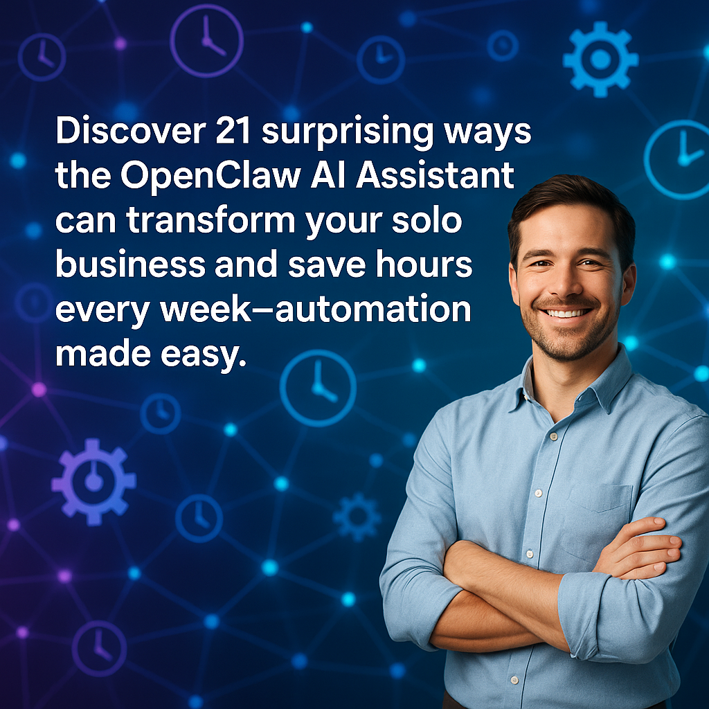 alt_text: Vibrant digital scene with glowing nodes and a smiling man, featuring bold text on automation.