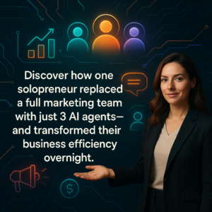 alt_text: Infographic with AI icons, glowing avatars, confident woman pointing, and motivational bold text.