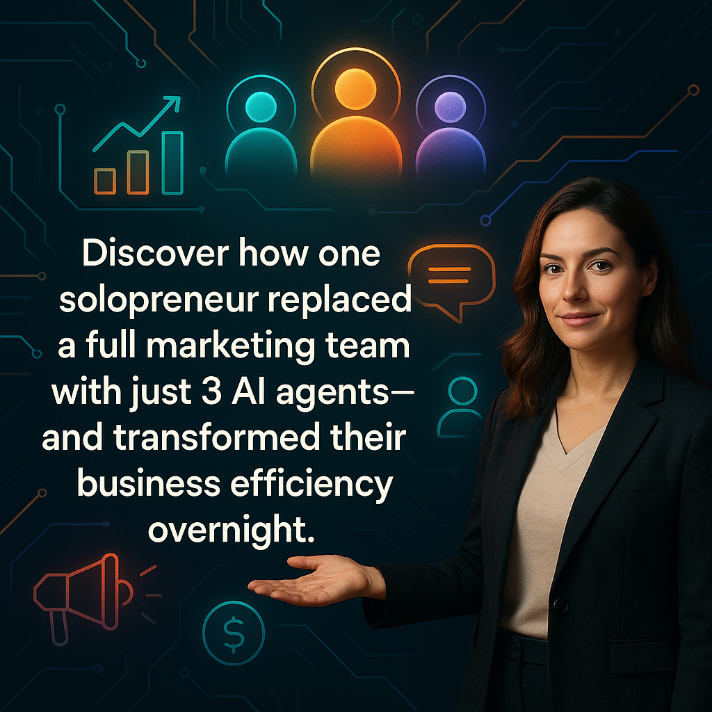 alt_text: Infographic with AI icons, glowing avatars, confident woman pointing, and motivational bold text.