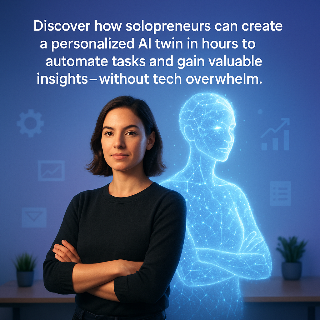 alt_text: Confident woman stands in a modern digital workspace with a glowing AI twin behind her, symbolizing automation and partnership, against a calming blue-purple gradient. **"Discover how solopreneurs can create a personalized AI twin in hours to automate tasks and gain valuable insights—without tech overwhelm."**