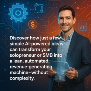 alt_text: A tech-inspired background with glowing gears, circuits, and data nodes; man smiling with transparent tablet; bold message about AI-driven business transformation.