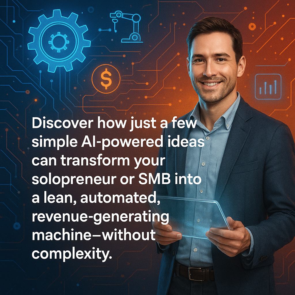 alt_text: A tech-inspired background with glowing gears, circuits, and data nodes; man smiling with transparent tablet; bold message about AI-driven business transformation.