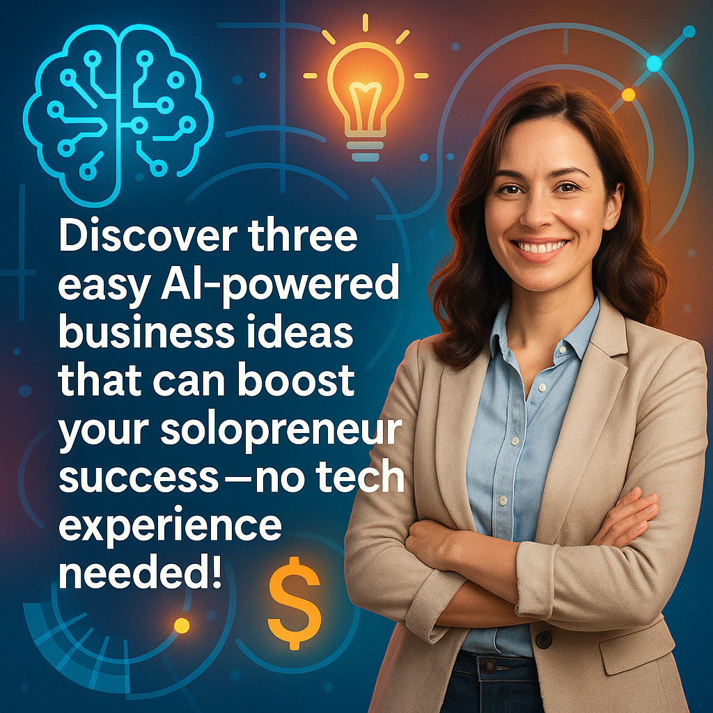 alt_text: Confident woman entrepreneur smiling amid vibrant AI and business icons with inspiring slogan.