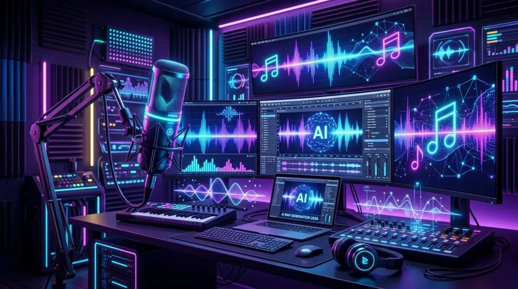 AI rap generator tools creating music in a futuristic studio with neon lights and sound waves