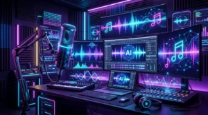 AI rap generator tools creating music in a futuristic studio with neon lights and sound waves