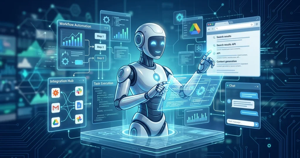 AI agent concept illustration showing a friendly robot assistant interacting with digital tools and workflows
