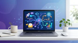 Free AI marketing tools dashboard showing content creation, SEO, social media, email, and analytics icons