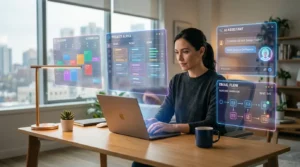 Person at a modern desk working on a laptop with holographic AI productivity panels — calendar, task automation, AI assistant and email flow — floating around them, illustrating May 2026 AI productivity tool updates.