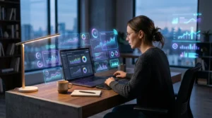 Solopreneur reviewing an all-in-one SEO dashboard showing keyword rankings and traffic analytics on a laptop