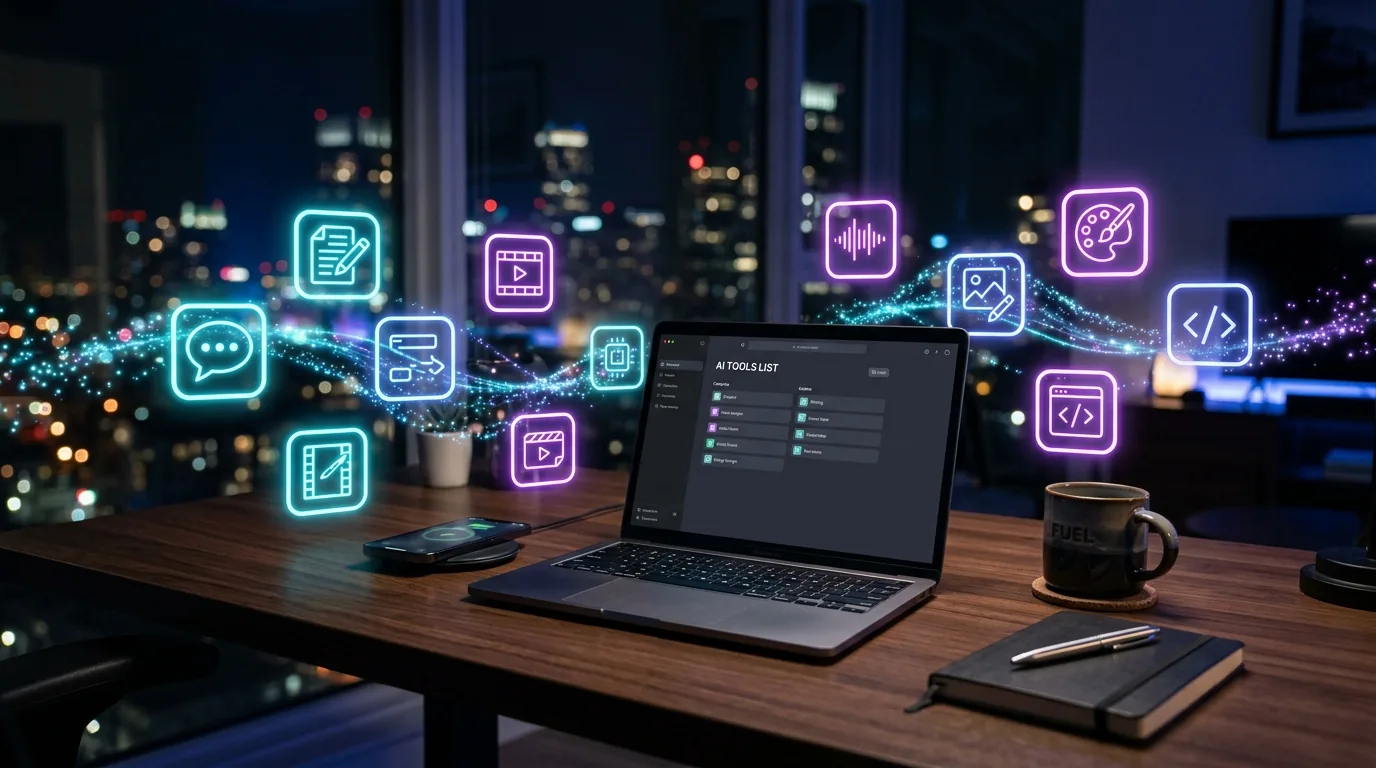 Laptop and smartphone on a dark desk at night surrounded by glowing neon AI app icons for chat, writing, video, audio, image and code, representing the 15 best AI apps worth your time in 2026.