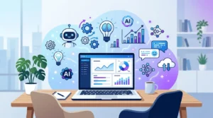Best AI tools for small business in 2026 - workspace with AI icons illustration