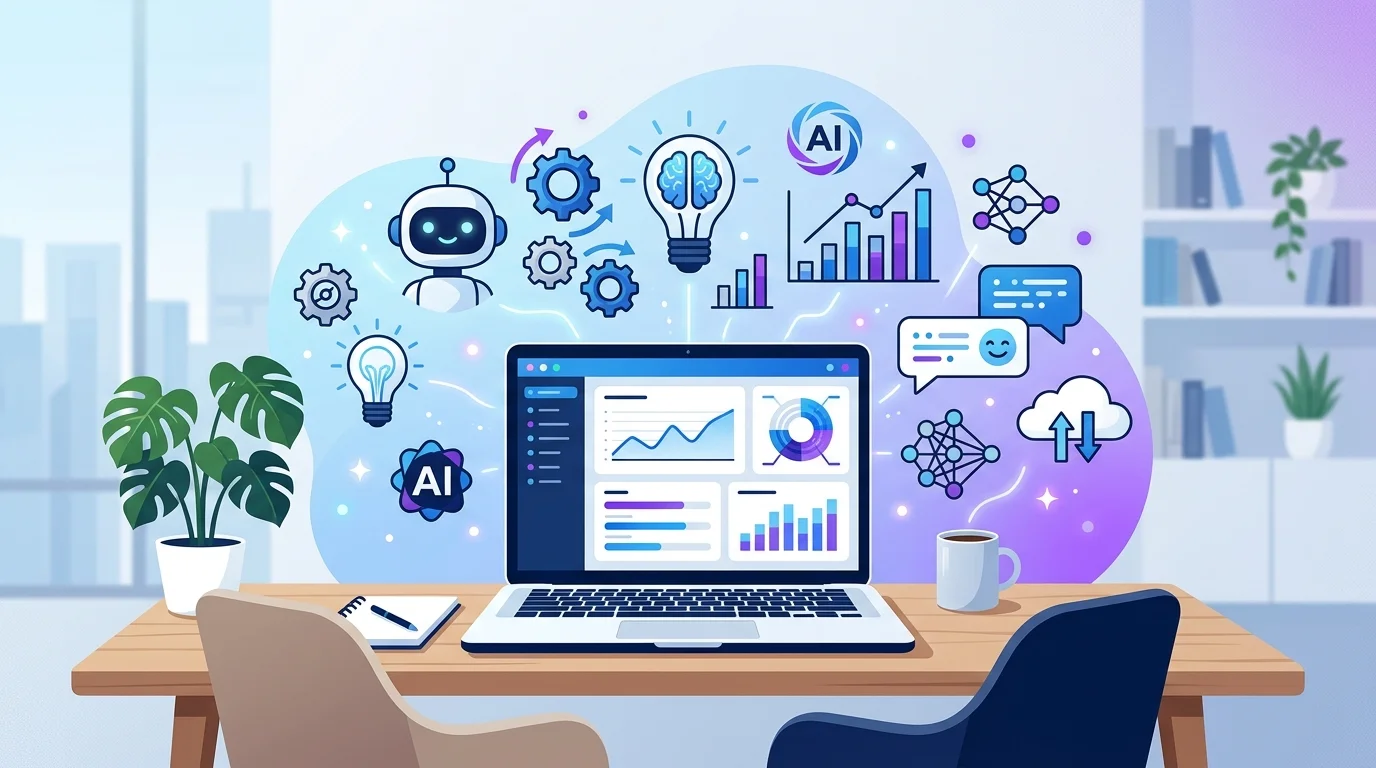 Best AI tools for small business in 2026 - workspace with AI icons illustration