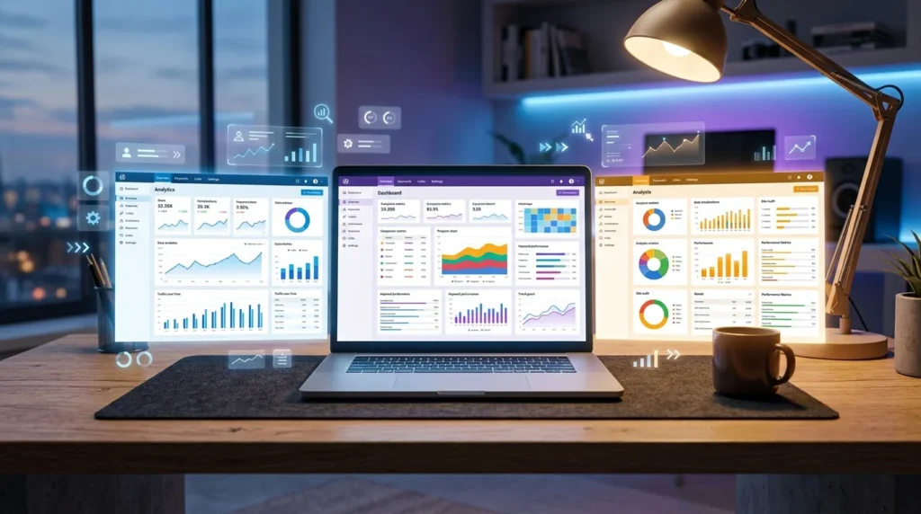 Side-by-side comparison of AIOSEO, Rank Math, and Yoast SEO WordPress plugin dashboards showing analytics and SEO scoring features