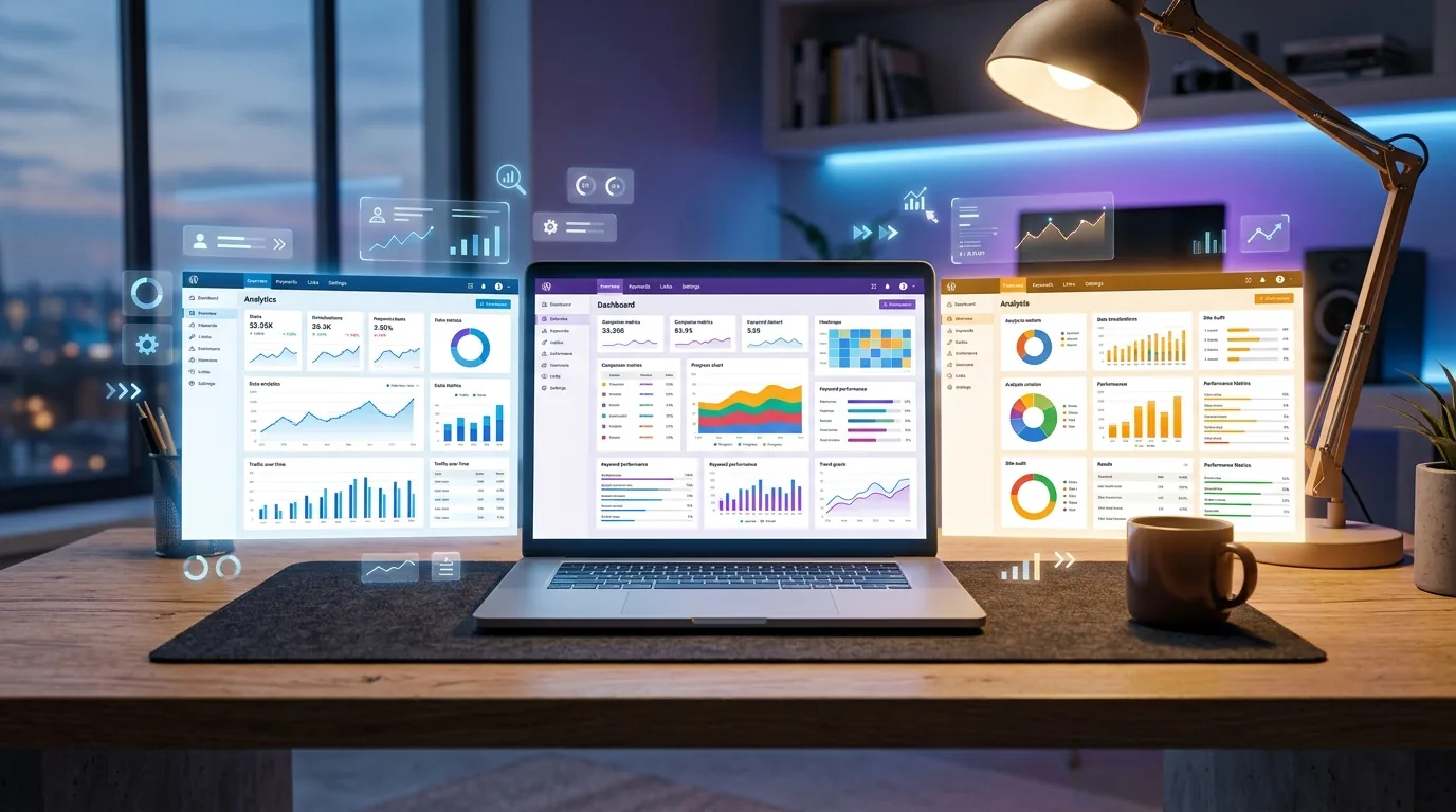 Side-by-side comparison of AIOSEO, Rank Math, and Yoast SEO WordPress plugin dashboards showing analytics and SEO scoring features