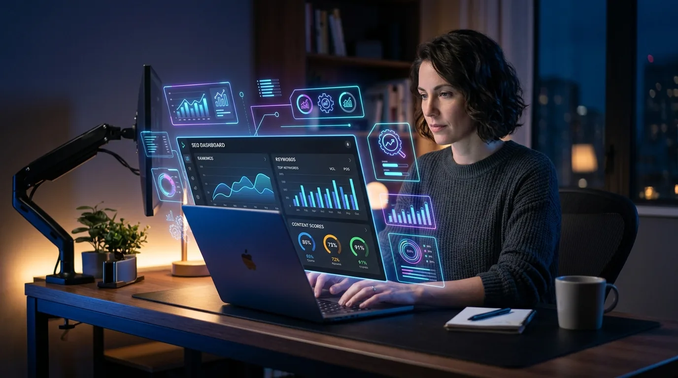 Solopreneur using an all-in-one SEO tool dashboard showing keyword research, rank tracking, and content optimization in a single interface