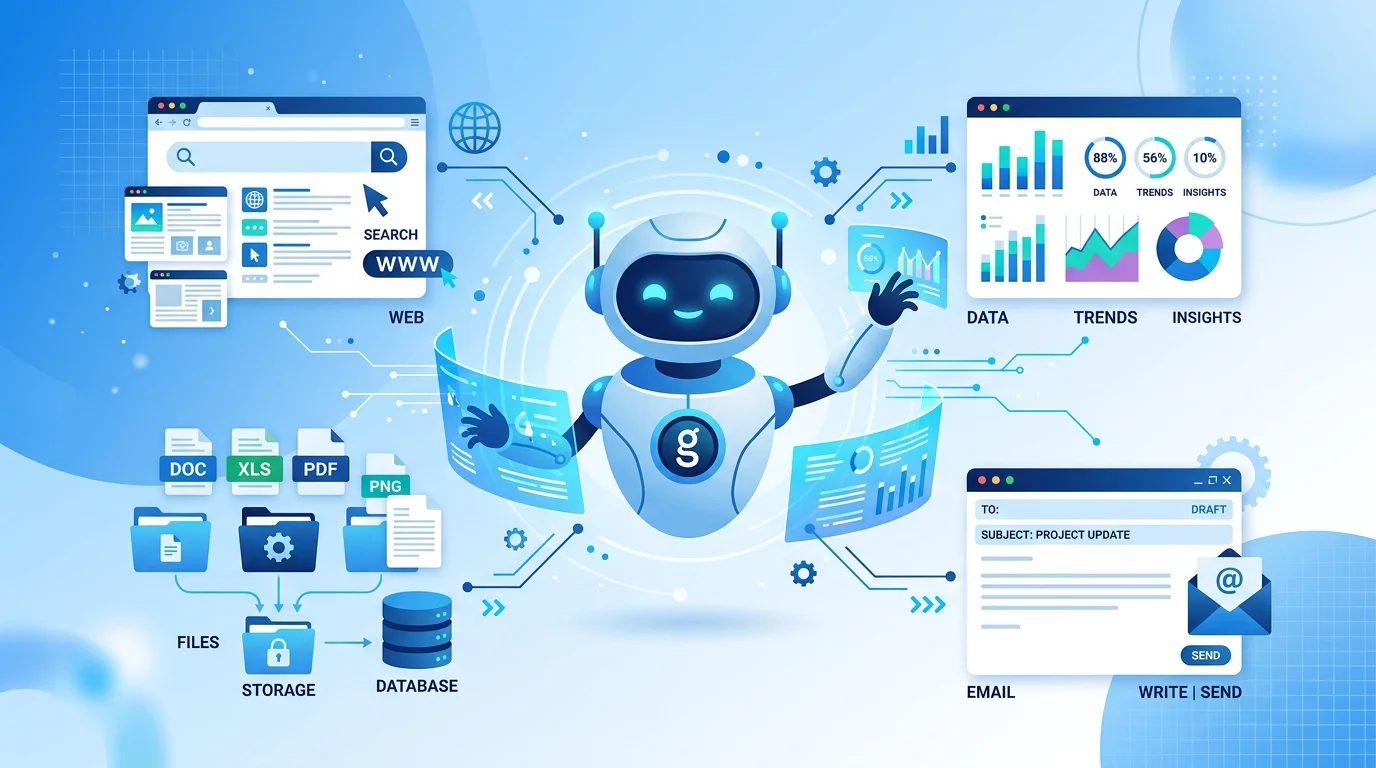 Illustration of a ChatGPT AI agent automating web search, data analysis, file storage and email tasks
