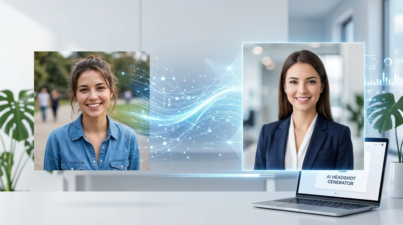 Before-and-after comparison of a casual photo transformed into a professional AI-generated headshot