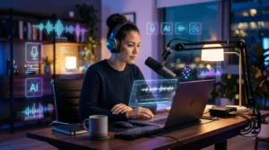 Solopreneur at a modern desk with headphones and laptop showing audio waveforms, representing Play.ht AI text-to-speech voice generation