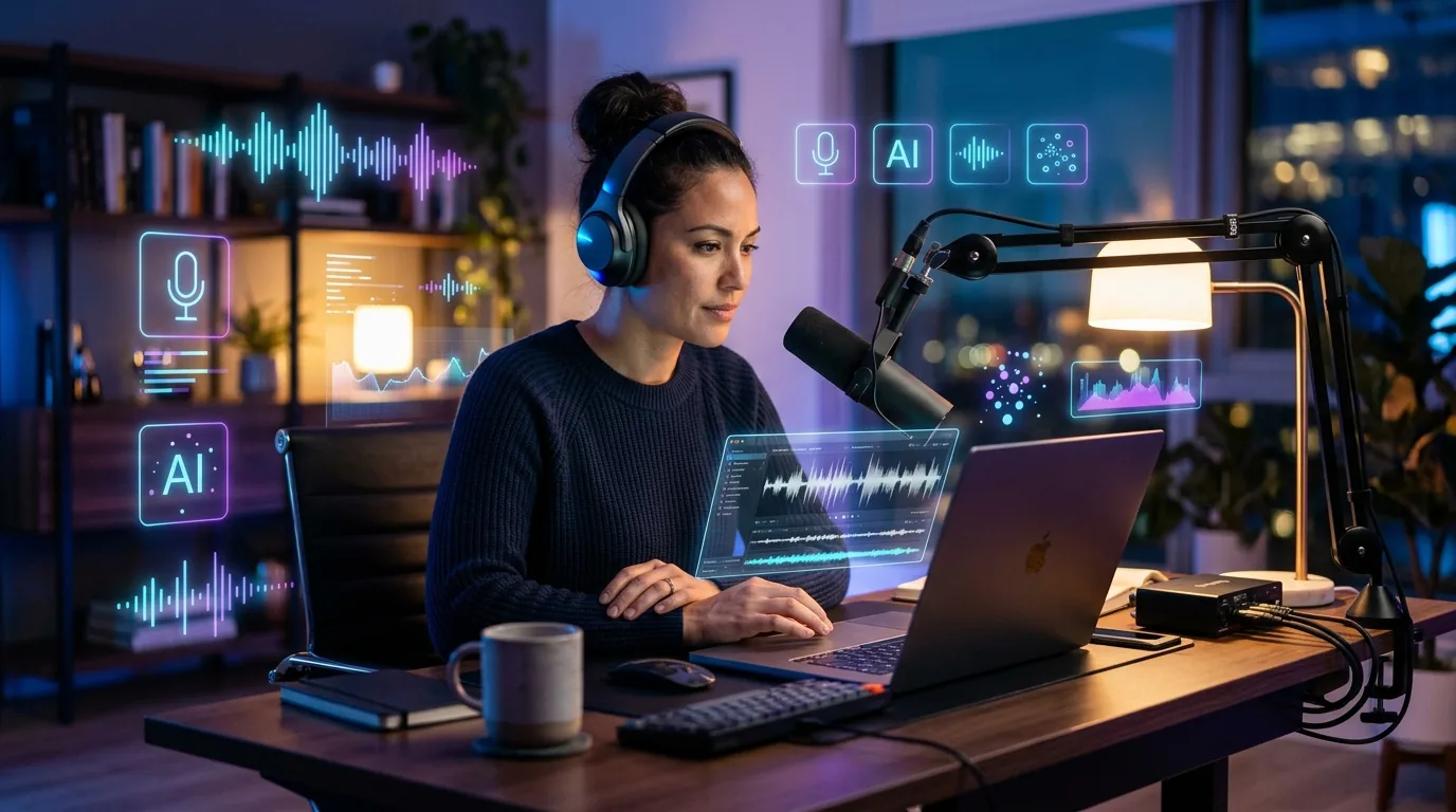 Solopreneur at a modern desk with headphones and laptop showing audio waveforms, representing Play.ht AI text-to-speech voice generation