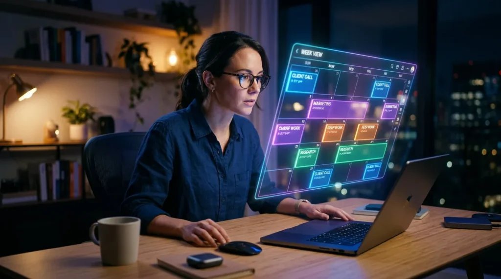 Solopreneur viewing an AI-powered calendar hologram with color-coded task blocks automatically optimizing, representing Reclaim AI smart scheduling