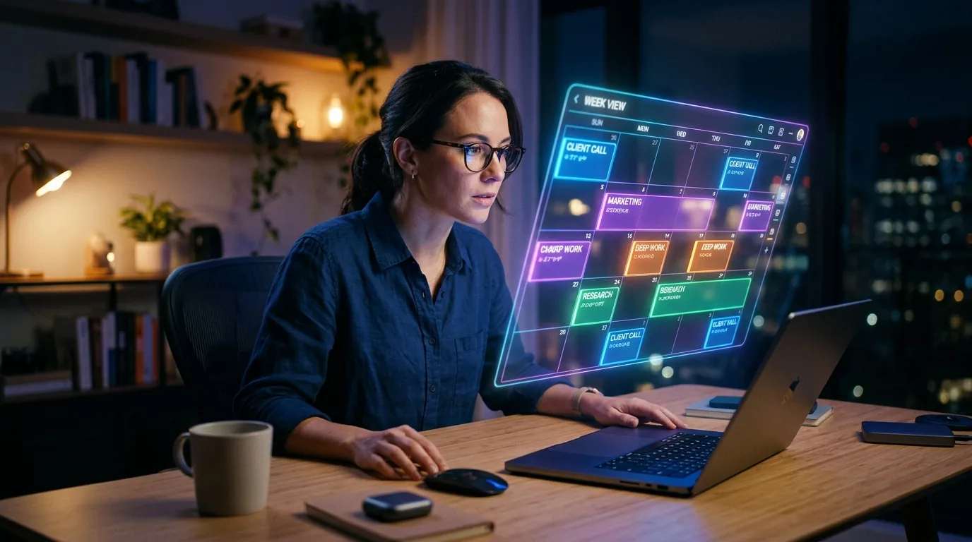 Solopreneur viewing an AI-powered calendar hologram with color-coded task blocks automatically optimizing, representing Reclaim AI smart scheduling