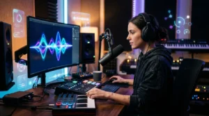 AI voice generation studio setup with glowing waveform visualization — Uberduck AI review 2026