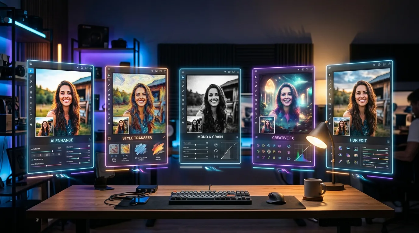 Five AI photo editing tools displayed side by side on floating screens, each editing the same photograph differently in a head-to-head comparison test.