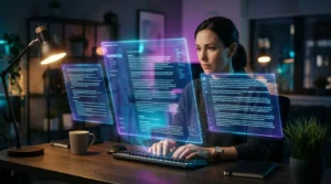 Three holographic AI writing assistant interfaces floating above a modern workspace showing different content generation tools in 2026