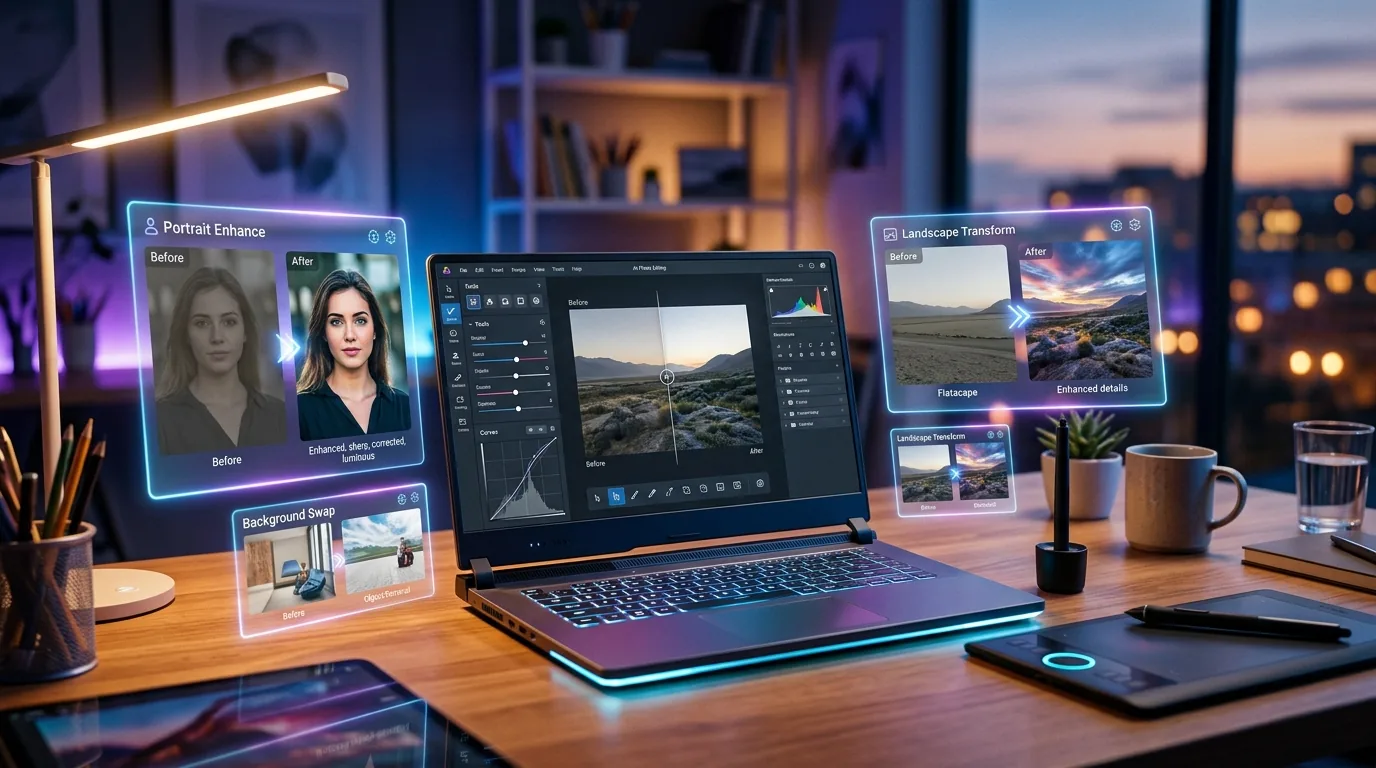 AI-powered photo editing workspace showing holographic before-and-after image transformations on a modern laptop, representing the best AI photo editing tools available in 2026.