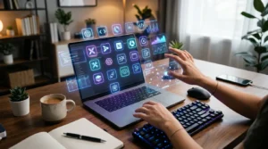 A modern workspace with AI tool icons floating above a laptop screen, representing the best AI tools of 2026