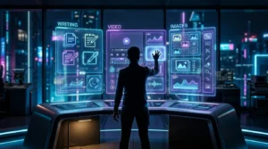 A futuristic dashboard displaying AI tools organized by category including writing, video, images, and automation
