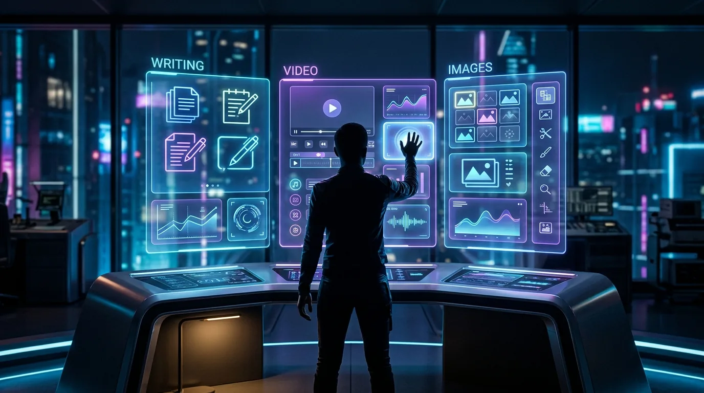 A futuristic dashboard displaying AI tools organized by category including writing, video, images, and automation