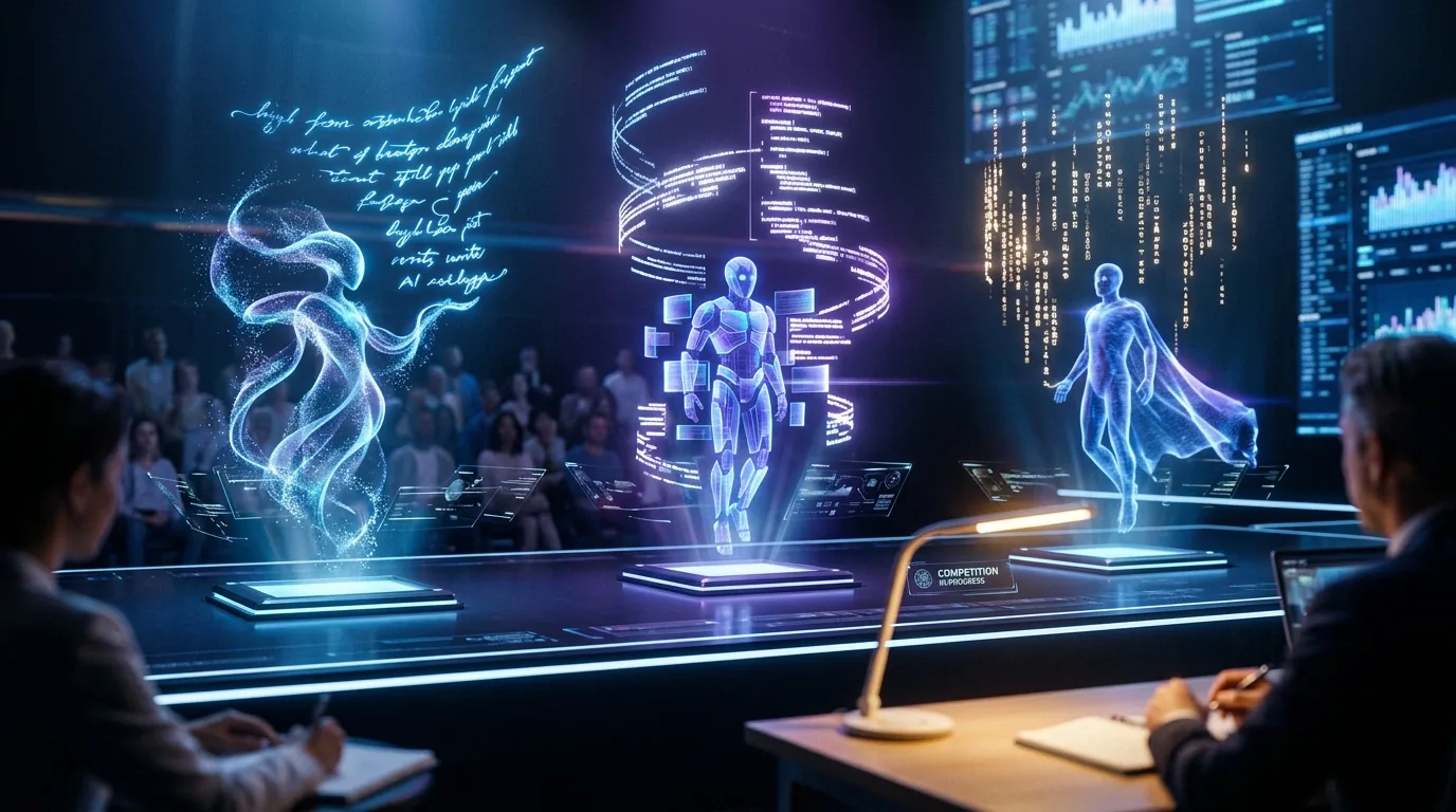 Three AI writing assistants Claude ChatGPT and Gemini competing side by side in a head-to-head writing comparison test for 2026