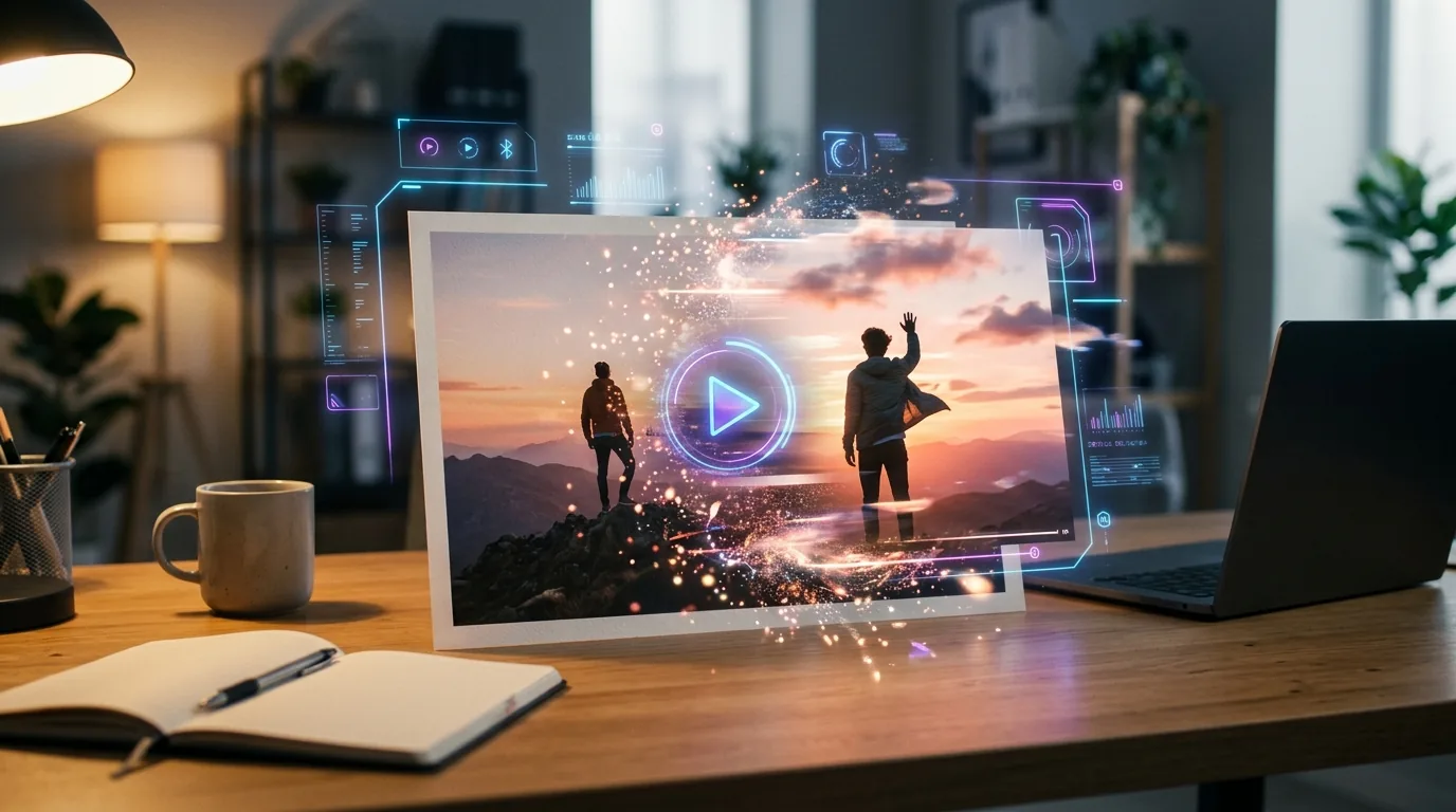 A still photograph transforming into a dynamic video with motion effects showing the AI image-to-video conversion process