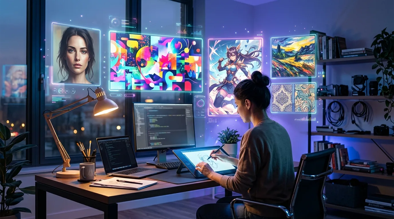 Comparison of the best AI image generators in 2026 showing diverse art styles from photorealistic to abstract digital art floating as holographic panels above a modern creative workspace