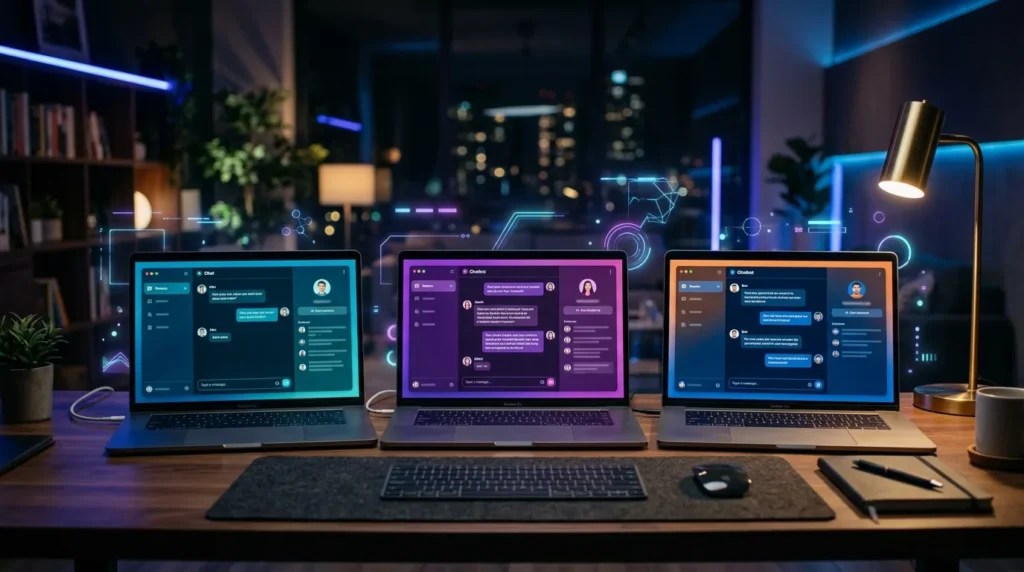 Side-by-side comparison of Chatling, Tidio, and Intercom AI chatbot interfaces on laptop screens in a modern workspace