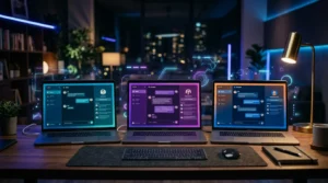 Side-by-side comparison of Chatling, Tidio, and Intercom AI chatbot interfaces on laptop screens in a modern workspace