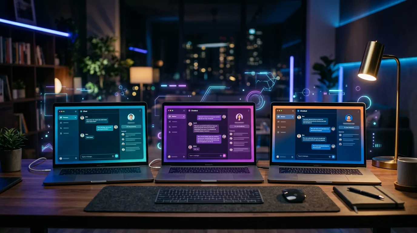 Side-by-side comparison of Chatling, Tidio, and Intercom AI chatbot interfaces on laptop screens in a modern workspace