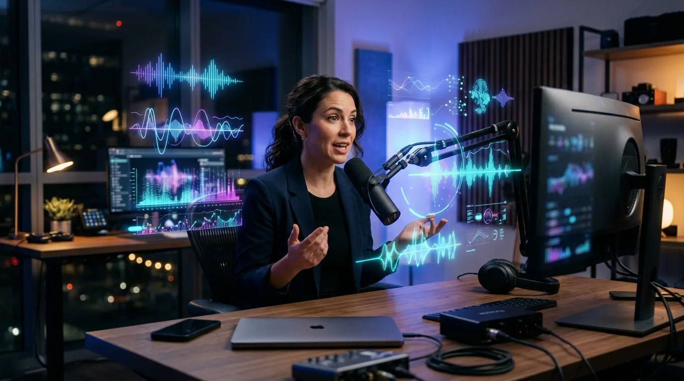 Person speaking into a microphone with AI voice waveform visualizations floating around them, demonstrating Play.ht voice cloning technology