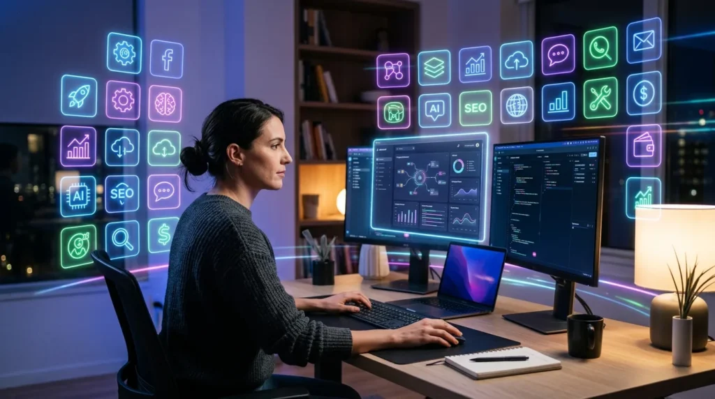 Solopreneur testing free AI tools at a modern desk with holographic app interfaces floating around dual monitors