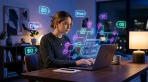 Solopreneur building a business with free AI tools on a laptop with floating workflow diagrams and zero-dollar price tags