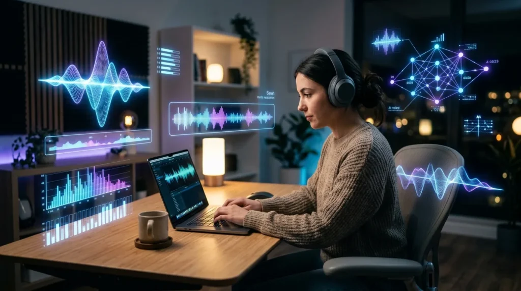 Person wearing headphones at a desk surrounded by floating AI audio waveform visualizations representing free text-to-speech alternatives to Speechify