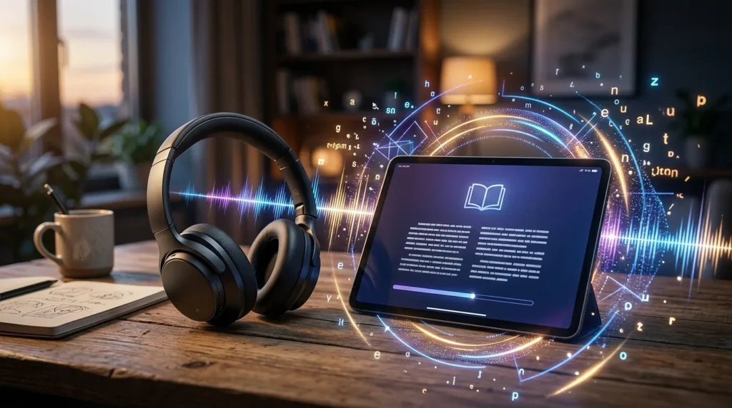Premium headphones next to a tablet with a reading app and AI sound waves floating in the air, representing Speechify text-to-speech technology