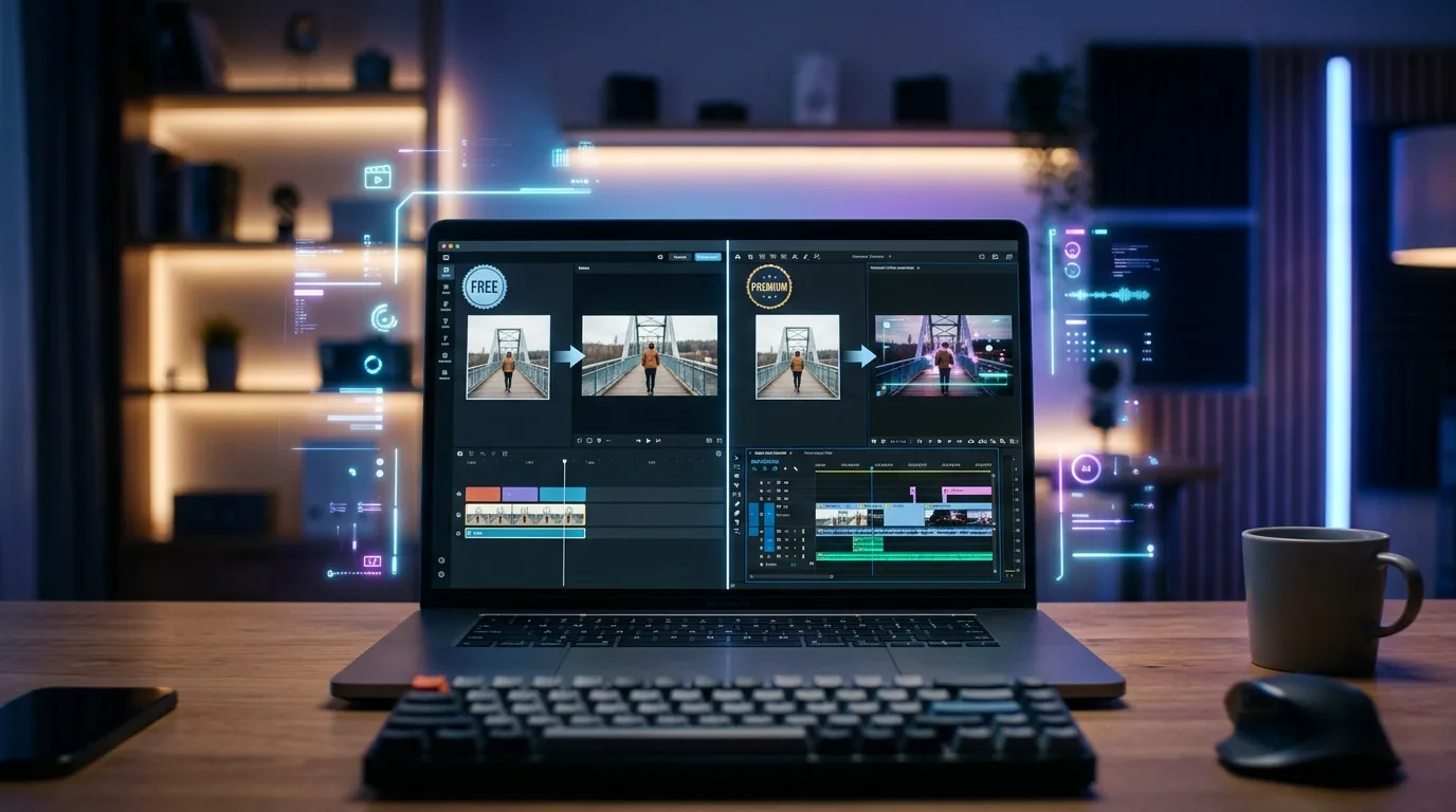 Split-screen comparison of free and paid AI image-to-video tools showing different editing interfaces and quality levels