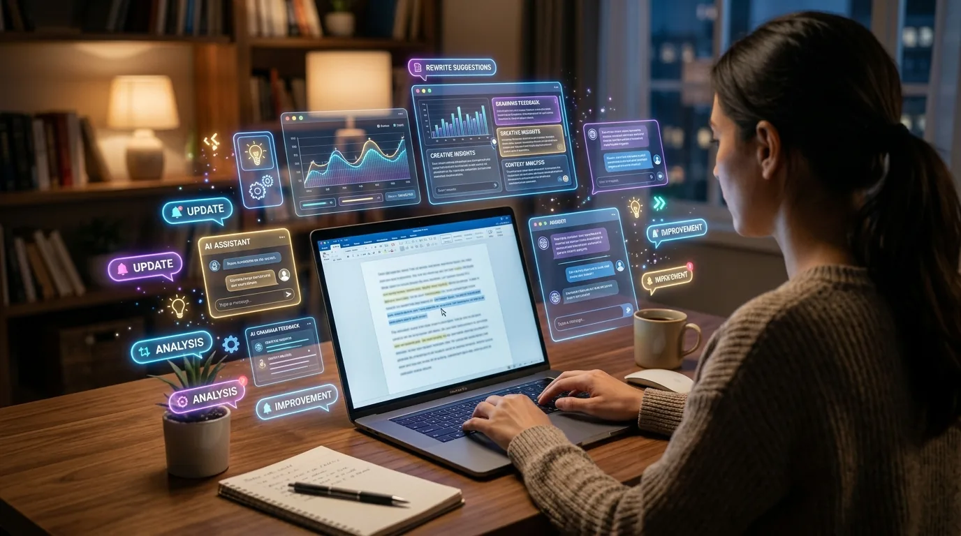 AI writing tools evolution with laptop showing document editing and floating AI assistant interfaces