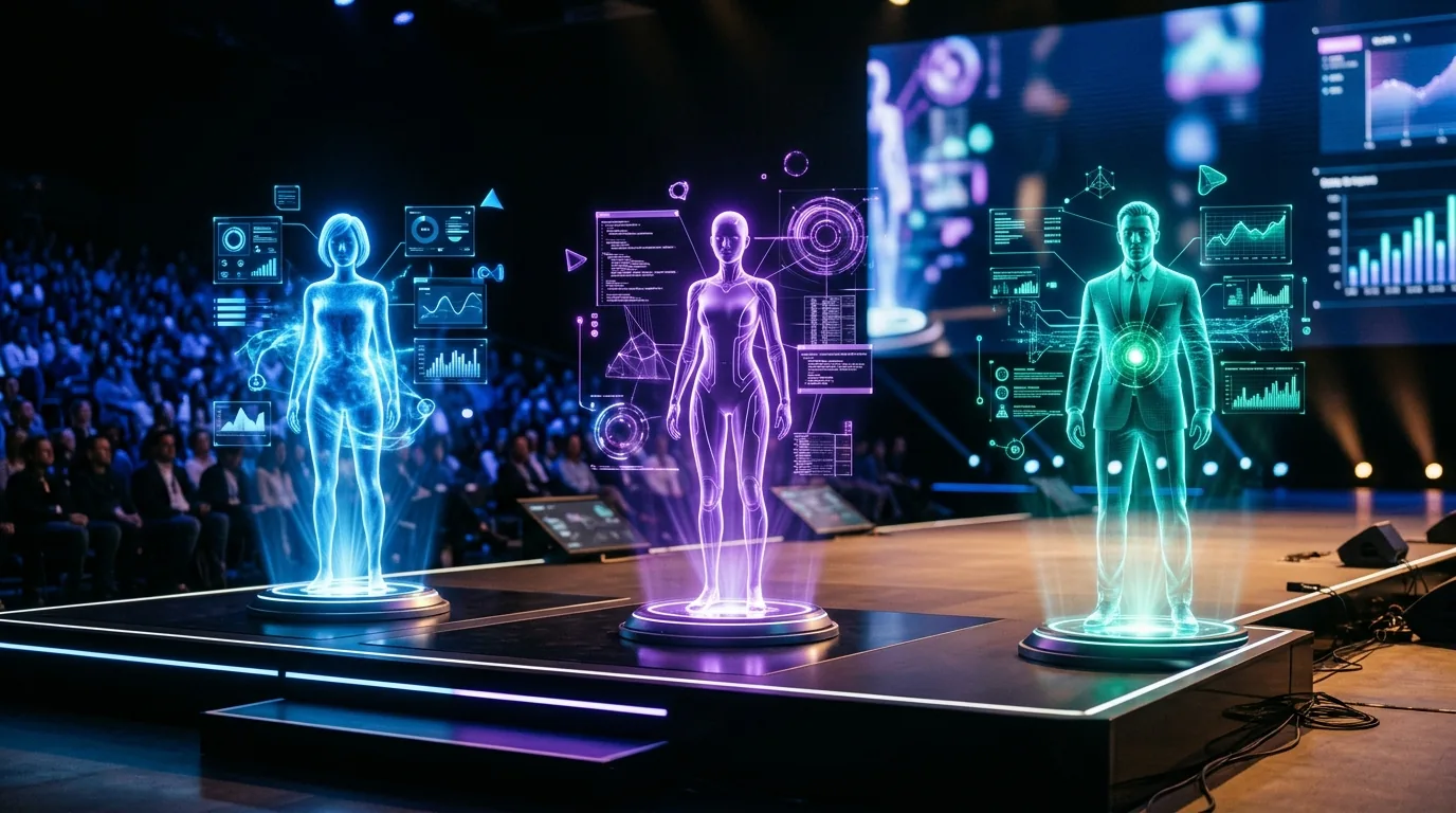 Three AI assistant holographic avatars on a modern stage representing a head-to-head comparison of ChatGPT, Claude, and Gemini in 2026